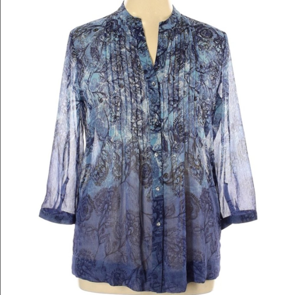 Charter Club 3/4 Sleeve Blouse Sheer Blue Black 14